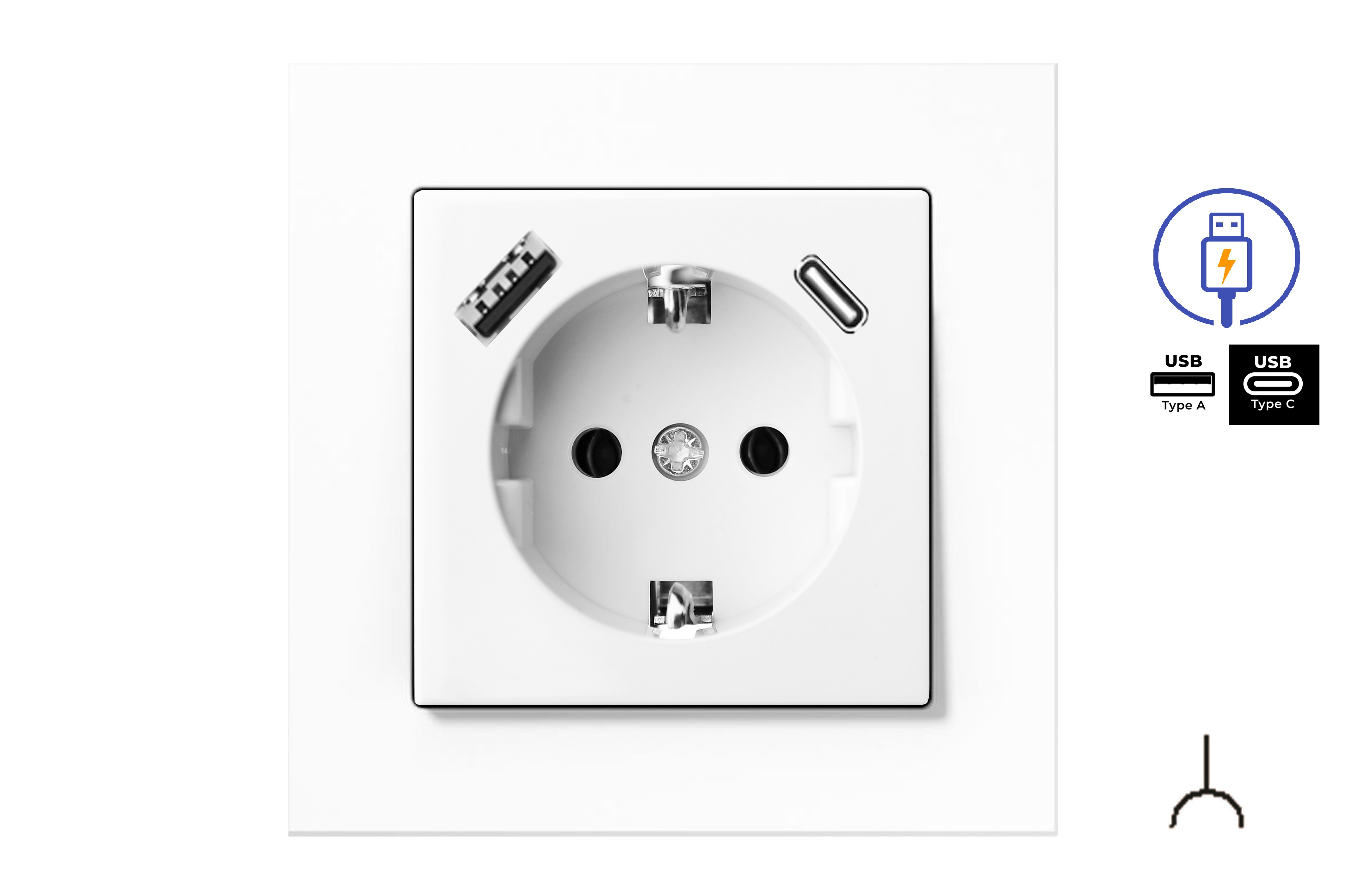 16A. 250V~ ﻿SCHUKO® ﻿ kištukinis lizdas su  išmaniu USB A+C krovikliu, be rėmelio. IUK-3-01.WWM