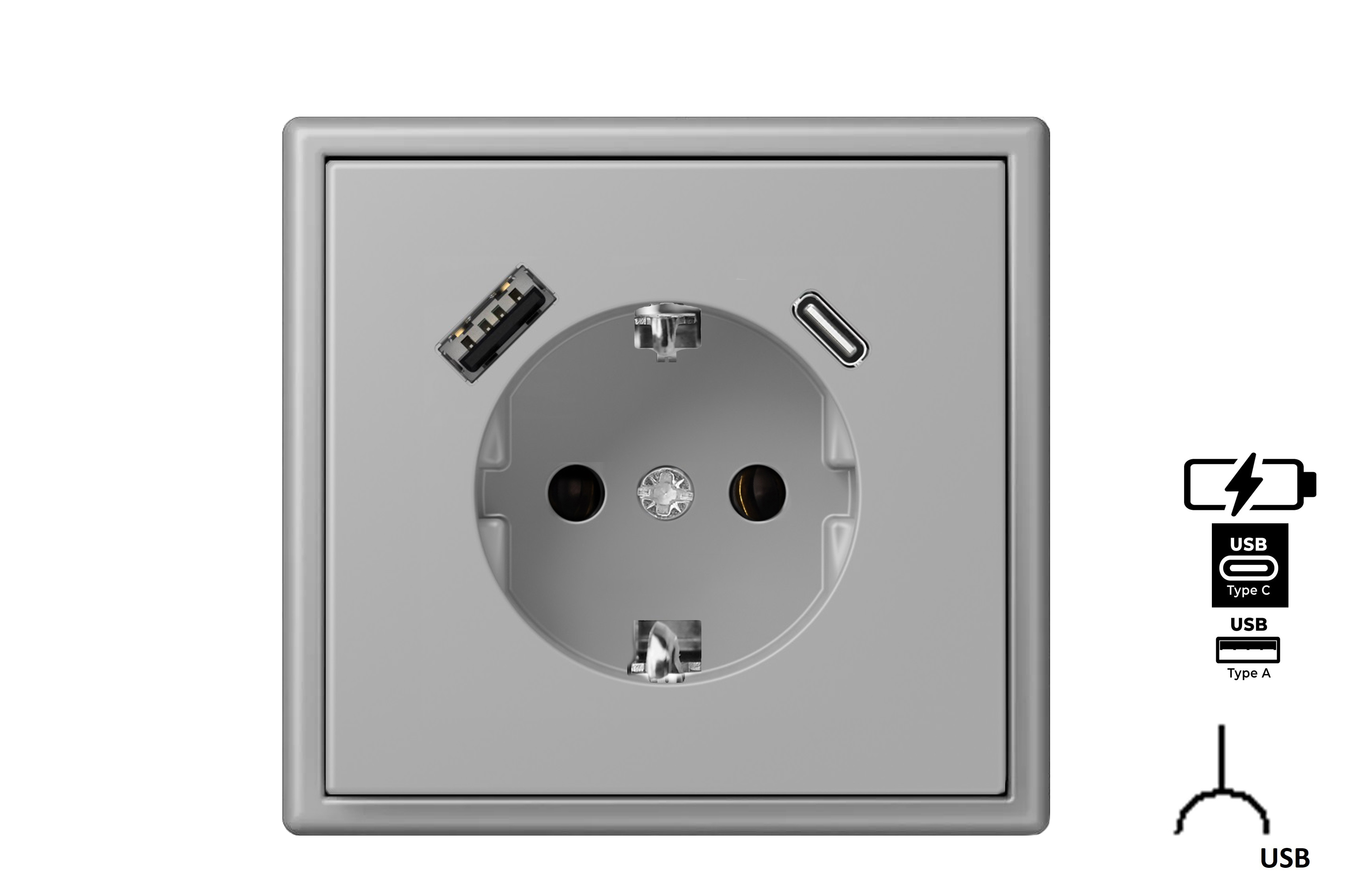 16A. 250V~ ﻿SCHUKO® ﻿lizdas su išmaniu USB A+C krovikliu, be rėmelio. IUK-3-01.M_GC